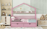 English Elm Wooden Twin Size House Bed With 2 Drawers,Kids Bed With Storage Shelf, Pink