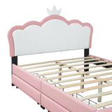 English Elm Full Size Princess Bed With Crown Headboard and 2 Drawers, Full Size Platform Bed With Headboard and Footboard,White+Pink