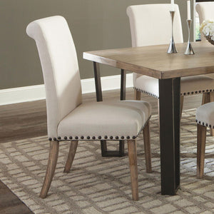 English Elm Beige Rustic Pine Upholstered Parsons Dining Chairs Set of 2 with Nailhead Trim and Rolled-Edge Back —Elegant Craftsmanship and Comfort B062P153699
