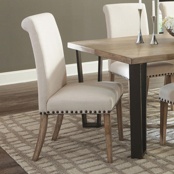 English Elm Beige Rustic Pine Upholstered Parsons Dining Chairs Set of 2 with Nailhead Trim and Rolled-Edge Back —Elegant Craftsmanship and Comfort B062P153699