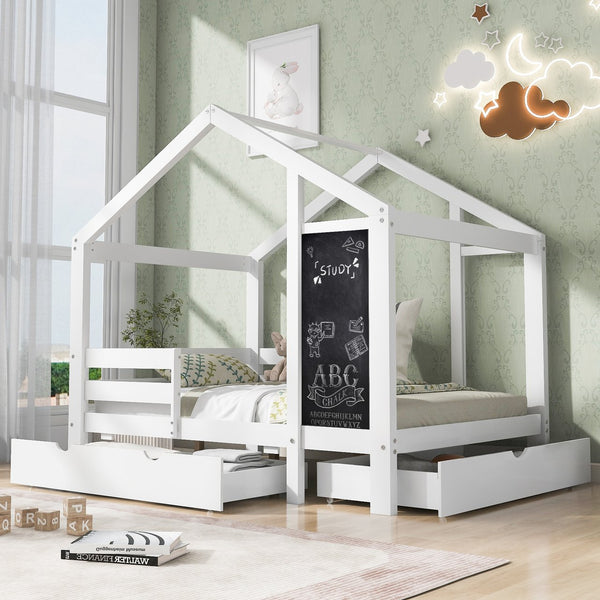 English Elm Twin House Bed with Chalkboard, Built-In Drawers & 350lb Capacity, Pine/Plywood Twin Loft Style AA20571415W