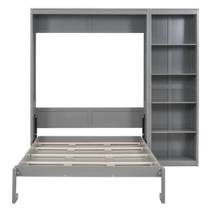 English Elm Full Size Murphy Wall Bed with Integrated Shelving Unit for Studio or Guest Room Gray LP000696AAE-2