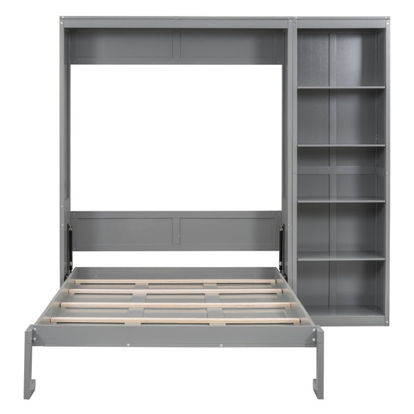 English Elm Full Size Murphy Wall Bed with Integrated Shelving Unit for Studio or Guest Room Gray LP000696AAE-2