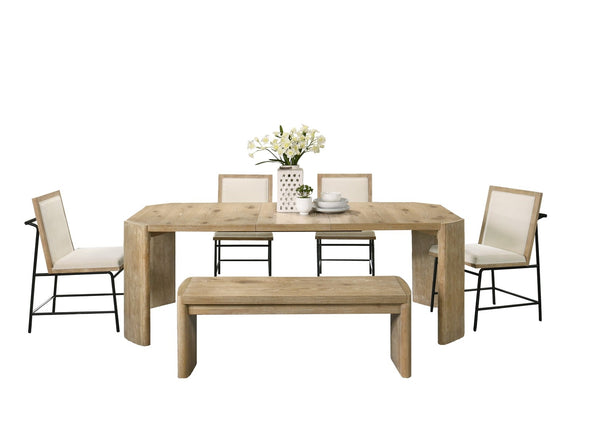English Elm Magnus Extendable Oak Dining Set with Bench Cream Upholstered Chairs and Metal Legs B061S00799