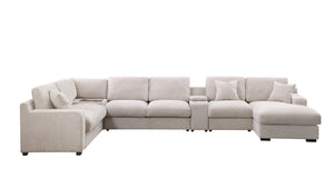 English Elm Celine Chenille Sectional Sofa with Chaise Cupholders and Built-in Charging Ports Beige B061S00807