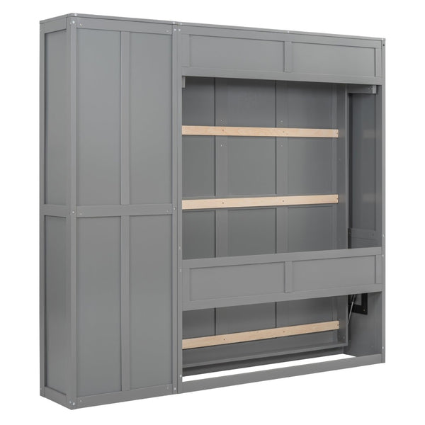 English Elm Full Size Murphy Wall Bed with Integrated Shelving Unit for Studio or Guest Room Gray LP000696AAE-1