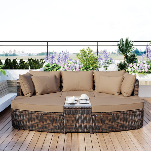English Elm TOPMAX 6-Piece Patio Conversation Sofa Set with Modular Seating, Thick Cushions & Tempered Glass Table Brown SP100020AAE