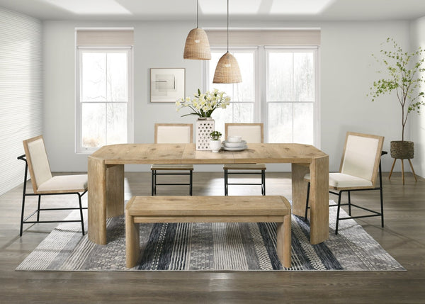 English Elm Magnus Extendable Oak Dining Set with Bench Cream Upholstered Chairs and Metal Legs B061S00799