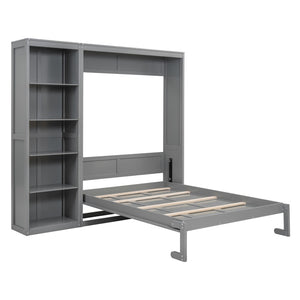English Elm Full Size Murphy Wall Bed with Integrated Shelving Unit for Studio or Guest Room Gray LP000696AAE-1