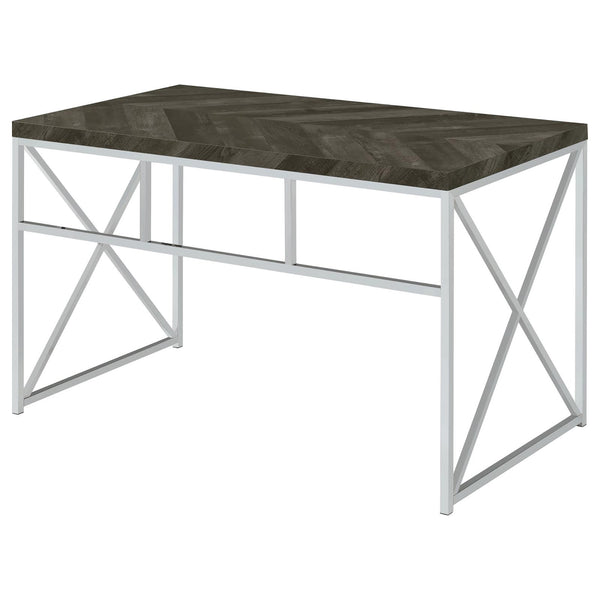 English Elm Rustic Modern Grey Herringbone Writing Desk with Chrome Accents — Durable Metal Frame, Sleek Office Style B062P153674