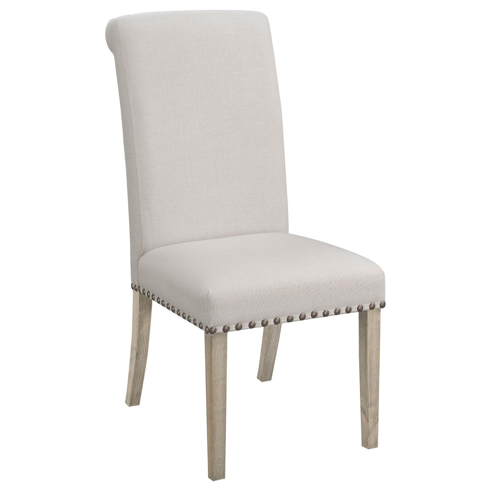 English Elm Beige Rustic Pine Upholstered Parsons Dining Chairs Set of 2 with Nailhead Trim and Rolled-Edge Back —Elegant Craftsmanship and Comfort B062P153699
