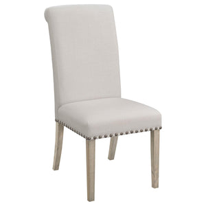 English Elm Beige Rustic Pine Upholstered Parsons Dining Chairs Set of 2 with Nailhead Trim and Rolled-Edge Back —Elegant Craftsmanship and Comfort B062P153699