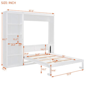 English Elm Full Size Murphy Wall Bed with Integrated Shelving Unit for Studio or Guest Room White LP000696AAK-1