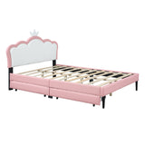 English Elm Full Size Princess Bed With Crown Headboard and 2 Drawers, Full Size Platform Bed With Headboard and Footboard,White+Pink