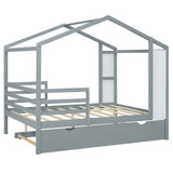 Hearth and Haven Thomas Full Size House-Shaped Bed with Fence, Writing Board and Trundle, Grey LP000755AAE