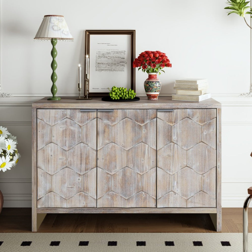 English Elm Accent Farmhouse Sideboard with Fluted Hexagonal Doors and Natural Wood Wash Finish W1435P184911