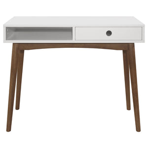 English Elm White White and Walnut 1-Drawer Writing Desk with Mid-Century Tapered Legs, Euro Glide Drawer, Retro Chic Finish B062P153672
