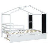Hearth and Haven Thomas Full Size House-Shaped Bed with Fence, Writing Board and Trundle, White LP000755AAK