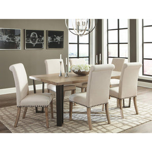 English Elm Beige Rustic Pine Upholstered Parsons Dining Chairs Set of 2 with Nailhead Trim and Rolled-Edge Back —Elegant Craftsmanship and Comfort B062P153699