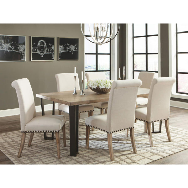 English Elm Beige Rustic Pine Upholstered Parsons Dining Chairs Set of 2 with Nailhead Trim and Rolled-Edge Back —Elegant Craftsmanship and Comfort B062P153699