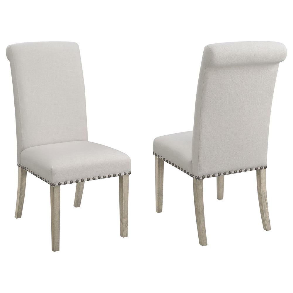 English Elm Beige Rustic Pine Upholstered Parsons Dining Chairs Set of 2 with Nailhead Trim and Rolled-Edge Back —Elegant Craftsmanship and Comfort B062P153699