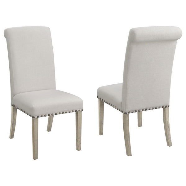 English Elm Beige Rustic Pine Upholstered Parsons Dining Chairs Set of 2 with Nailhead Trim and Rolled-Edge Back —Elegant Craftsmanship and Comfort B062P153699
