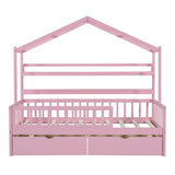 English Elm Wooden Twin Size House Bed With 2 Drawers,Kids Bed With Storage Shelf, Pink