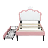 English Elm Twin Size Upholstered Princess Bed With Crown Headboard and 2 Drawers,Twin Size Platform Bed With Headboard and Footboard,White+Pink