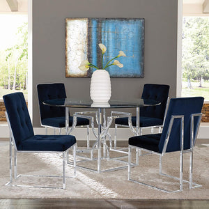 English Elm Blue Velvet Tufted Dining Chair Set of 2 – Plush Button-Back Velvet, Chrome Sled Legs, Modern Luxe B062P153702