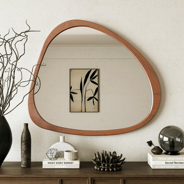English Elm Solid Pine Asymmetrical Wall Mirror Walnut Stained Frame Mid-century Modern Decor W1435142944