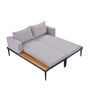 English Elm TOPMAX Modern Outdoor Daybed 2-in-1 Convertible Patio Chaise with Acacia Wood Side Tables, Washable Cushions, Sturdy Iron Frame Gray SP100013AAE