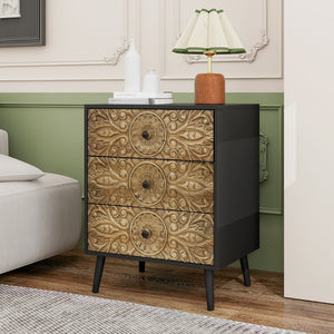 English Elm 3 Drawer Solid Wood Cabinet Hand Carved Relief Fronts Pine Feet Bedroom Storage W688138033