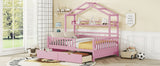 English Elm Wooden Full Size House Bed With 2 Drawers,Kids Bed With Storage Shelf, Pink