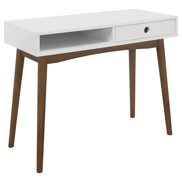 English Elm White White and Walnut 1-Drawer Writing Desk with Mid-Century Tapered Legs, Euro Glide Drawer, Retro Chic Finish B062P153672