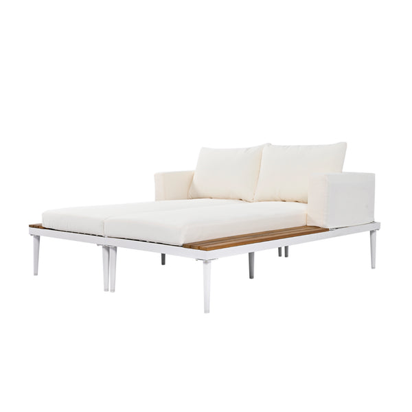 English Elm TOPMAX Modern Outdoor Daybed 2-in-1 Convertible Patio Chaise with Acacia Wood Side Tables, Washable Cushions, Sturdy Iron Frame Beige SP100013AAA