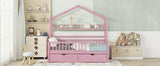 English Elm Wooden Twin Size House Bed With 2 Drawers,Kids Bed With Storage Shelf, Pink