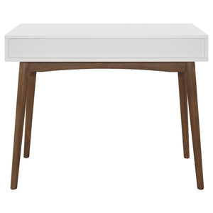 English Elm White White and Walnut 1-Drawer Writing Desk with Mid-Century Tapered Legs, Euro Glide Drawer, Retro Chic Finish B062P153672