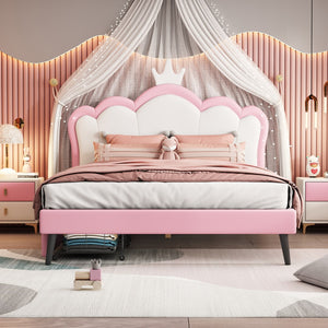 English Elm Full Size Princess Bed With Crown Headboard and 2 Drawers, Full Size Platform Bed With Headboard and Footboard,White+Pink