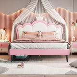 Full Size Princess Bed With Crown Headboard and 2 Drawers, Pink