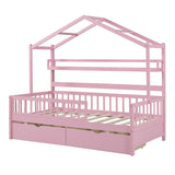 English Elm Wooden Twin Size House Bed With 2 Drawers,Kids Bed With Storage Shelf, Pink