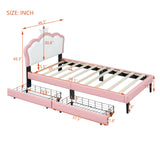 English Elm Twin Size Upholstered Princess Bed With Crown Headboard and 2 Drawers,Twin Size Platform Bed With Headboard and Footboard,White+Pink