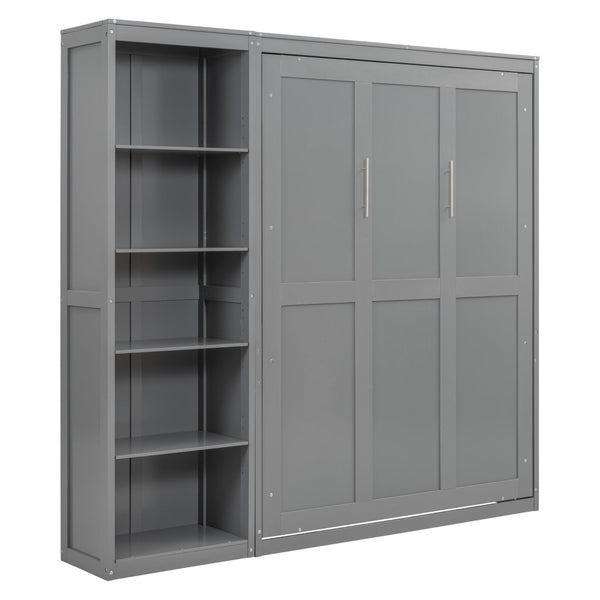 English Elm Full Size Murphy Wall Bed with Integrated Shelving Unit for Studio or Guest Room Gray LP000696AAE-1