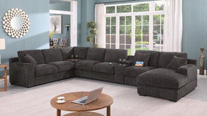 English Elm Celine Chenille Sectional Sofa with Chaise Cupholders and Built-in Charging Ports Gray B061S00805