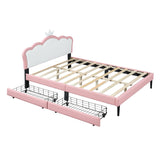 English Elm Full Size Princess Bed With Crown Headboard and 2 Drawers, Full Size Platform Bed With Headboard and Footboard,White+Pink