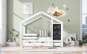 English Elm Full Full House Bed with Blackboard & Storage Drawers, Pine/Plywood, 550lb Capacity, White Finish AA20571617W