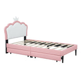 English Elm Twin Size Upholstered Princess Bed With Crown Headboard and 2 Drawers,Twin Size Platform Bed With Headboard and Footboard,White+Pink