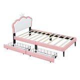 English Elm Twin Size Upholstered Princess Bed With Crown Headboard and 2 Drawers,Twin Size Platform Bed With Headboard and Footboard,White+Pink