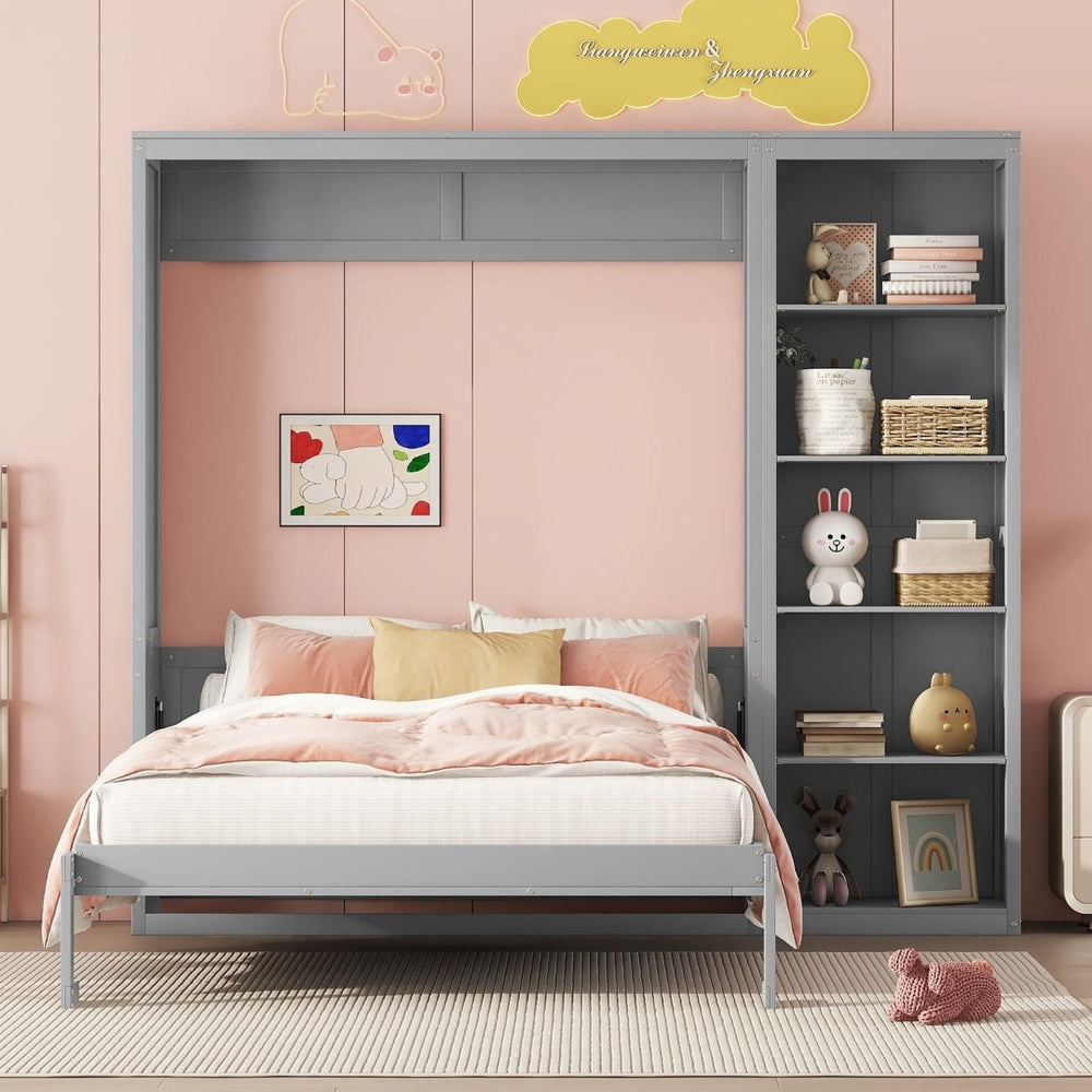 English Elm Full Size Murphy Wall Bed with Integrated Shelving Unit for Studio or Guest Room Gray LP000696AAE-2