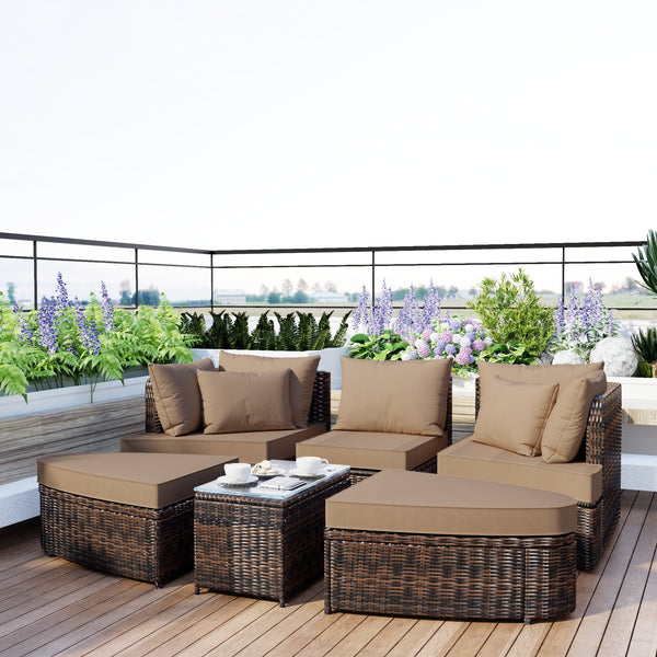 English Elm TOPMAX 6-Piece Patio Conversation Sofa Set with Modular Seating, Thick Cushions & Tempered Glass Table Brown SP100020AAE