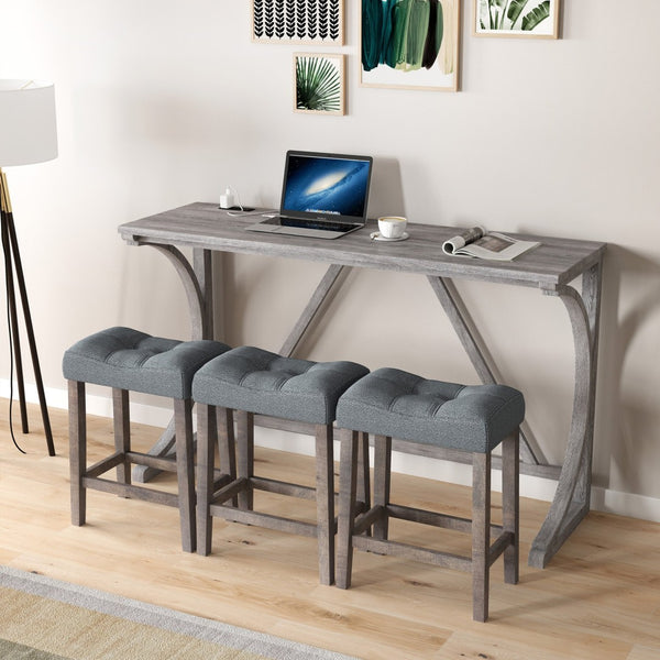 English Elm Bar Table Set with Stools Built-in Charging Outlet Industrial Loft Dining W1781P145876
